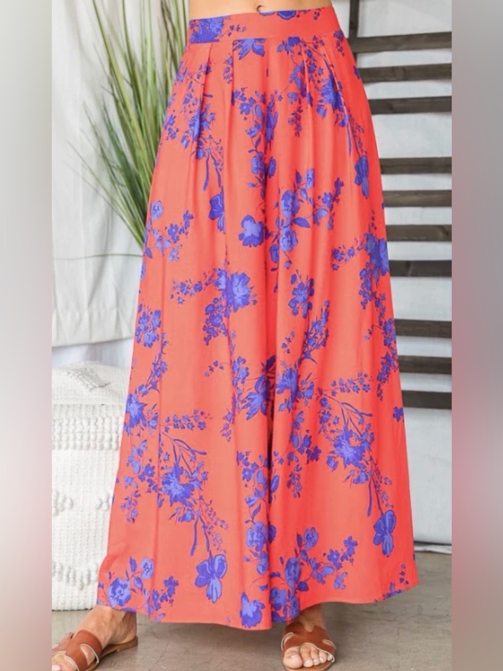 BUCKETLIST Orange Wide-Leg Floral Pants with Purple Print Size M/L - C67-111
